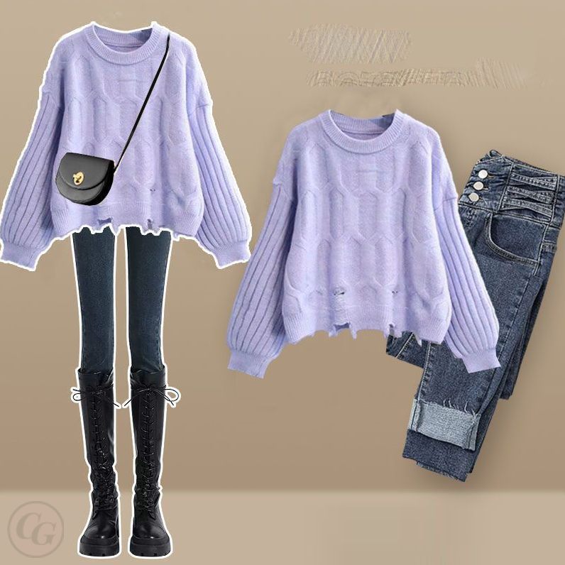 紫色毛衣+藍色牛仔褲/套裝