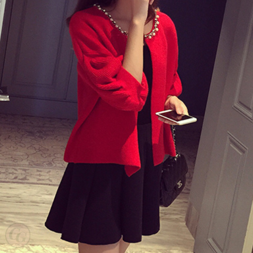 紅色/開衫＋黑色/短洋裝