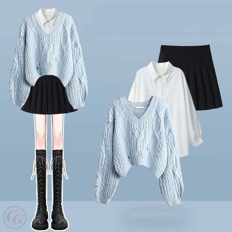 淺藍色毛衣+白色襯衫+黑色百褶裙/三件套