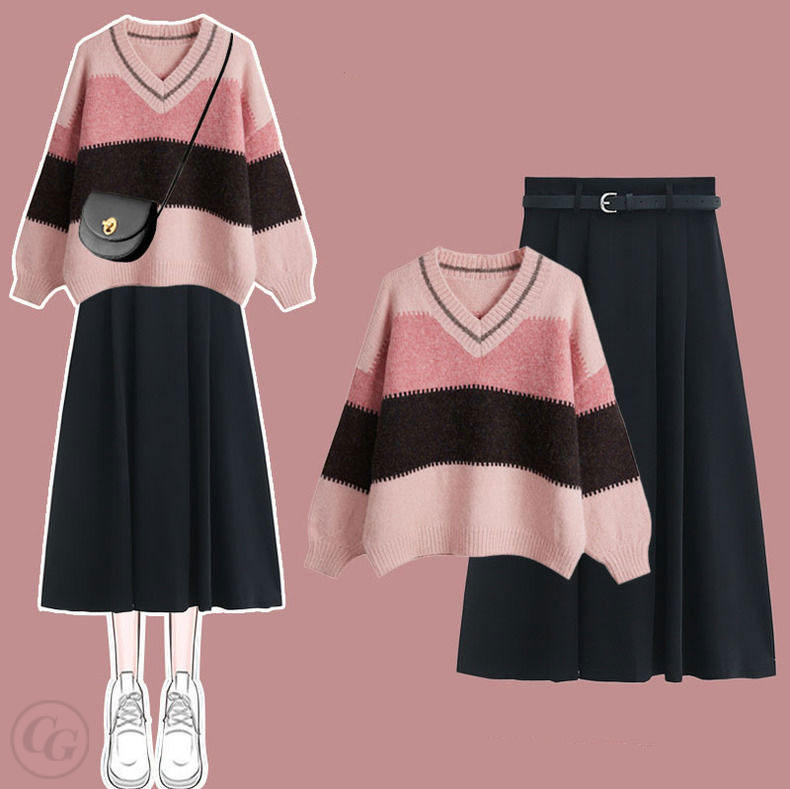 粉色毛衣+黑色半身裙/套裝