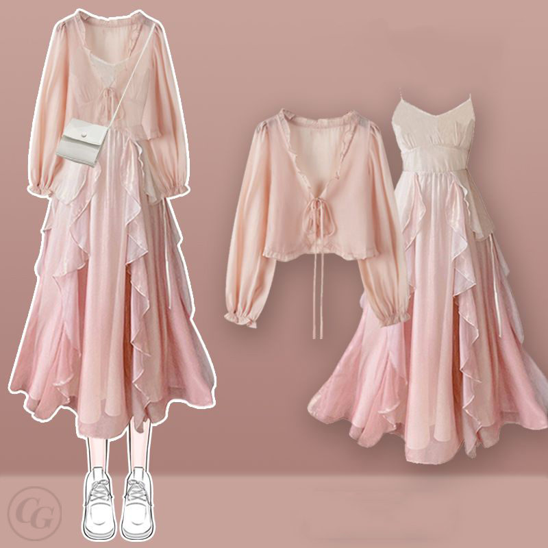 粉色罩衫+吊帶裙/套裝