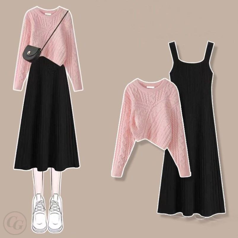 粉色/上衣+黑色/洋裝/