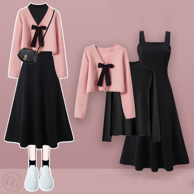 粉色/針織+黑色/T恤+黑色/洋裝