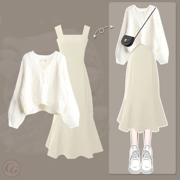 白色/毛衣+杏色/洋裝