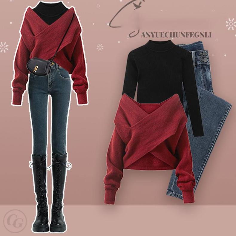 黑色/針織+紅色/毛衣+藍色/長褲
