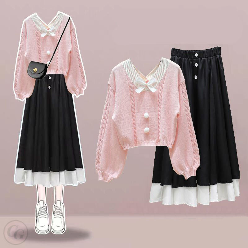 粉色/毛衣+黑色/半身裙/