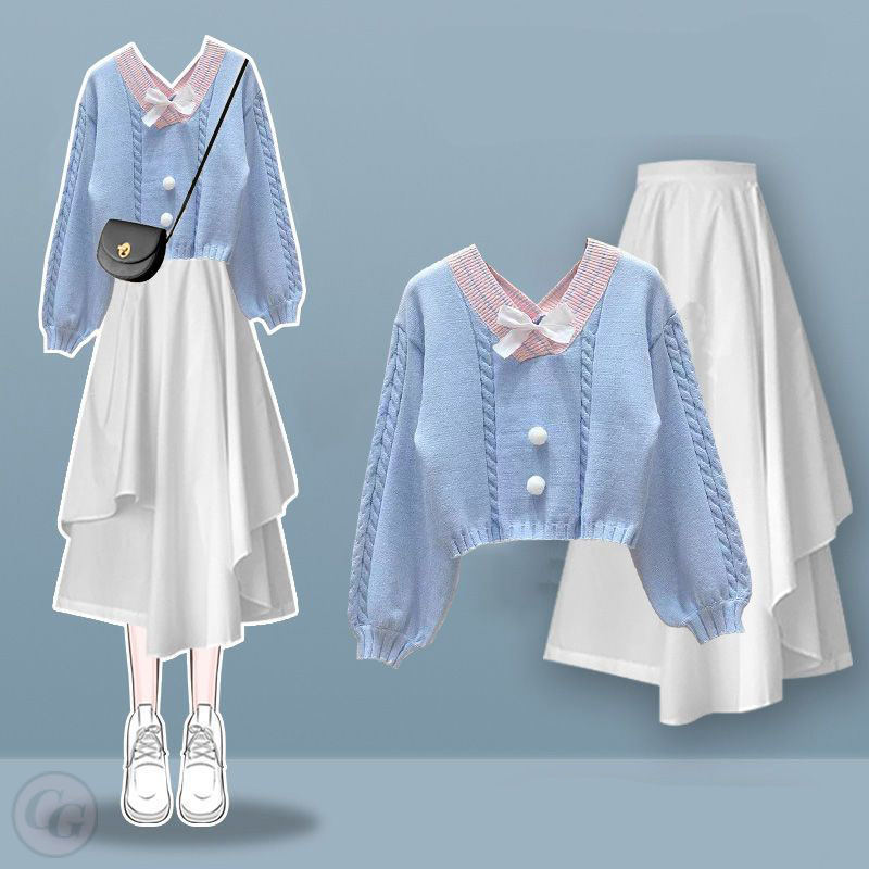 藍色/毛衣+白色/半身裙