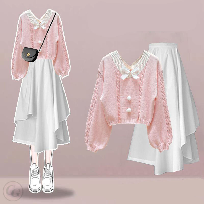 粉色/毛衣+白色/半身裙