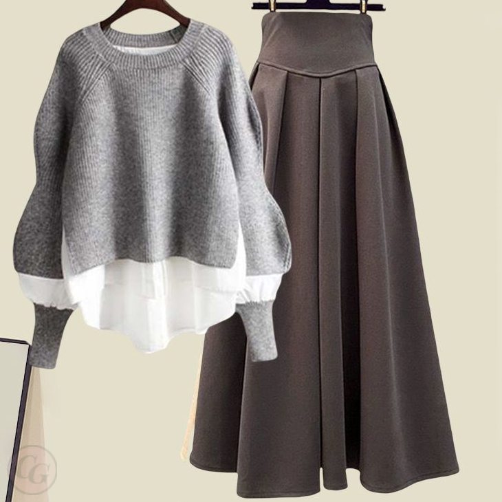 灰色/毛衣+咖啡色/裙類