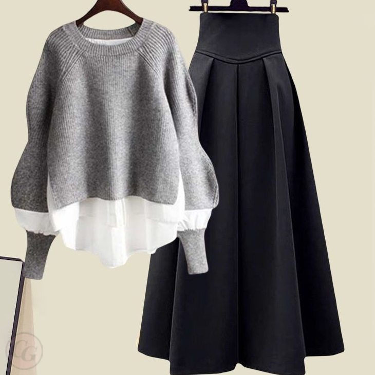 灰色/毛衣+黑色/裙類