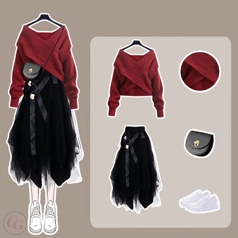 紅色/毛衣+黑色/裙類