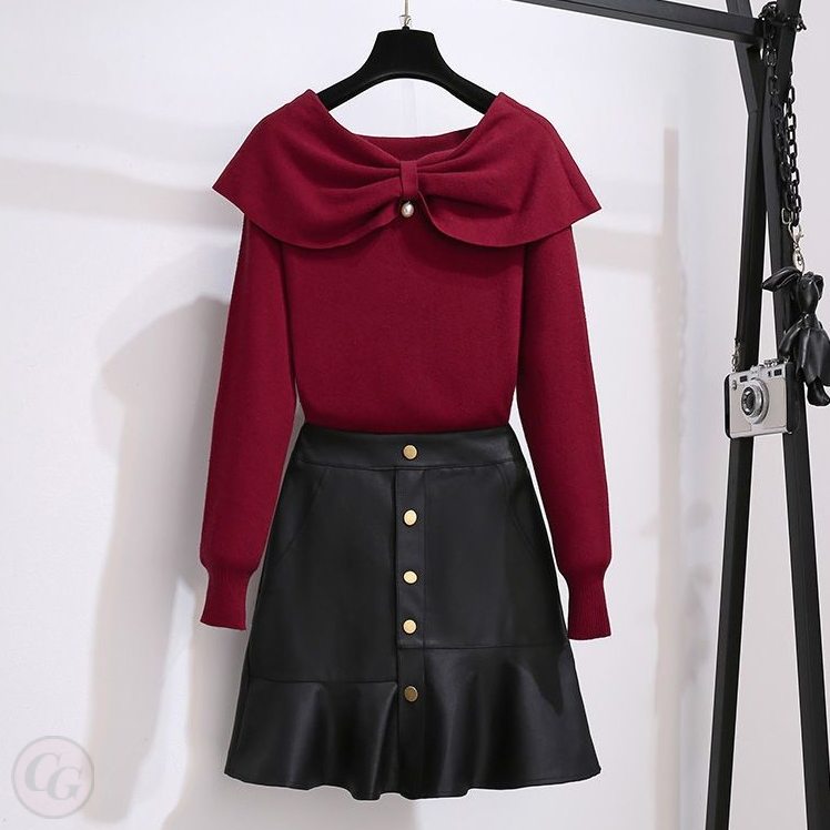 紅色/毛衣+黑色/半身裙類