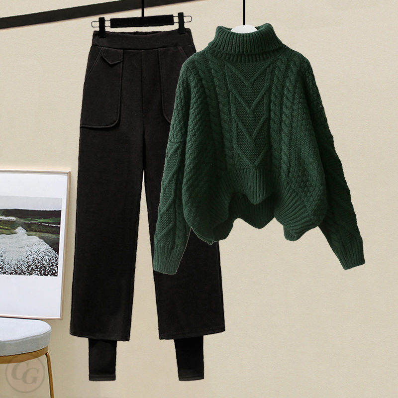 綠色針織+黑色長褲/套裝