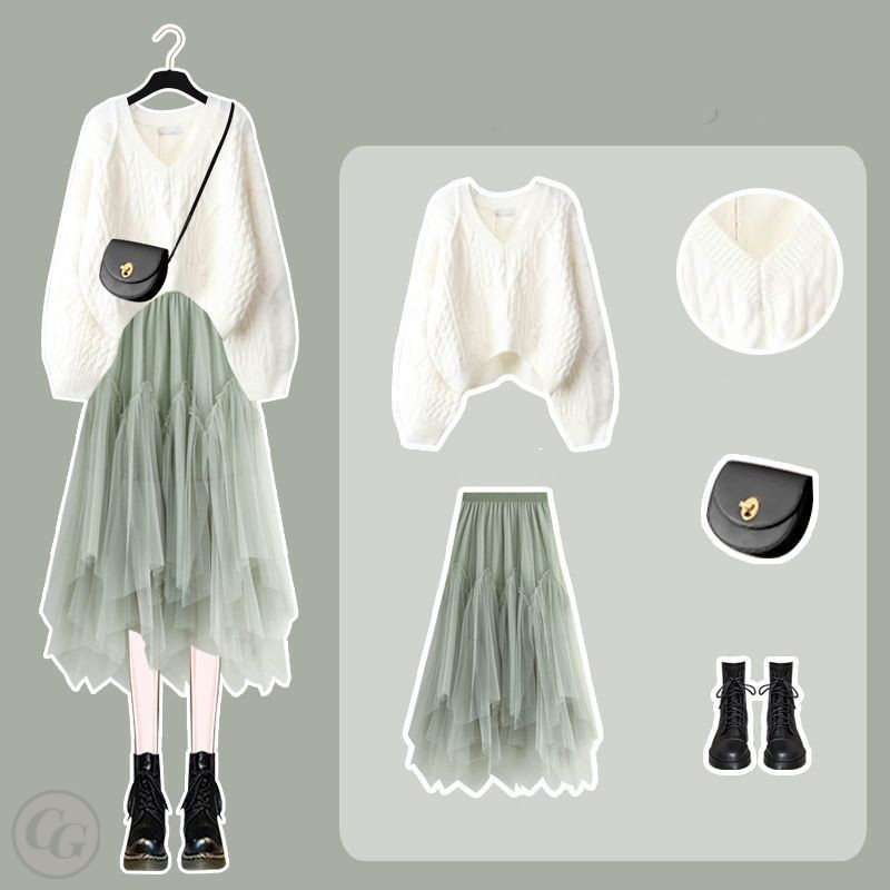 白色/毛衣+綠色/半身裙類