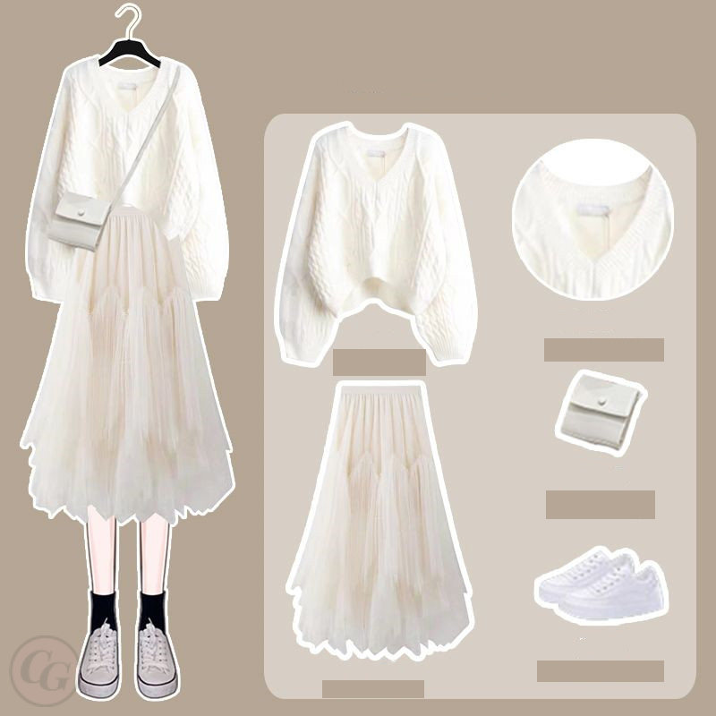 白色/毛衣+杏色/半身裙類