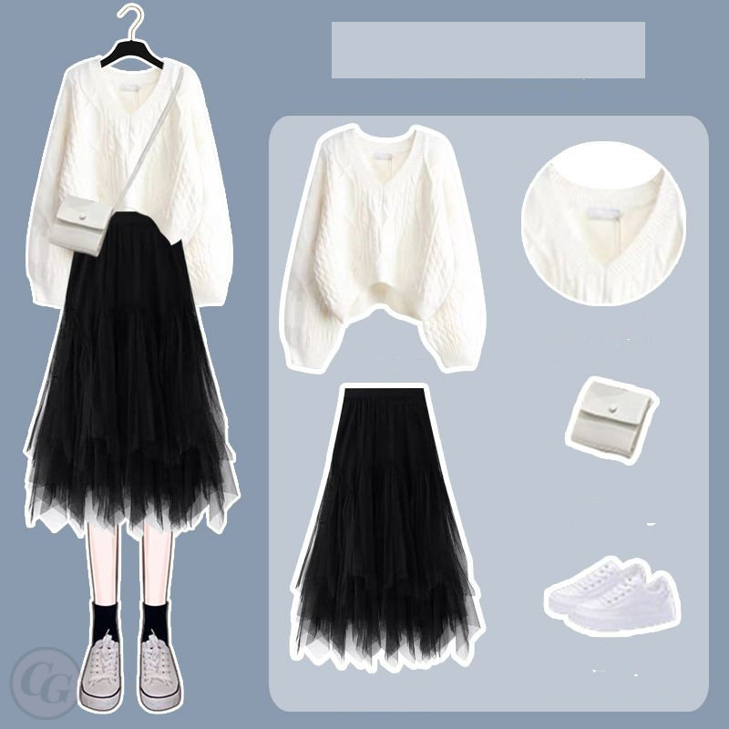 白色/毛衣+黑色/半身裙類