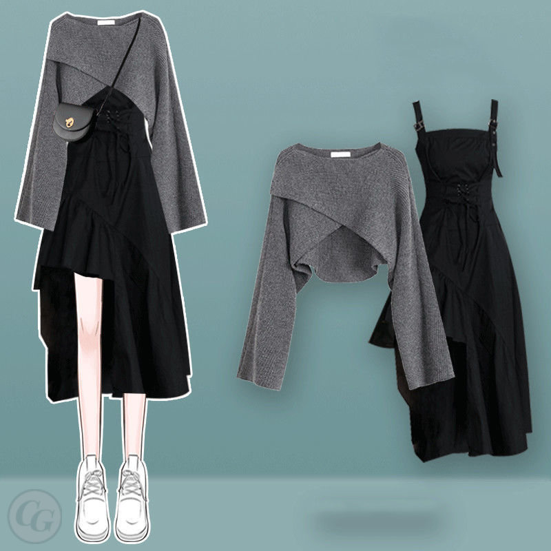 灰色針織+黑色洋裝/套裝