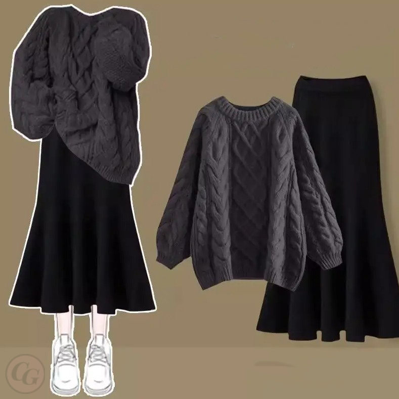 黑色半身裙+灰色毛衣