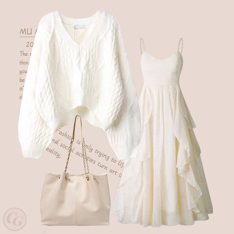 白色/毛衣+杏色/洋裝