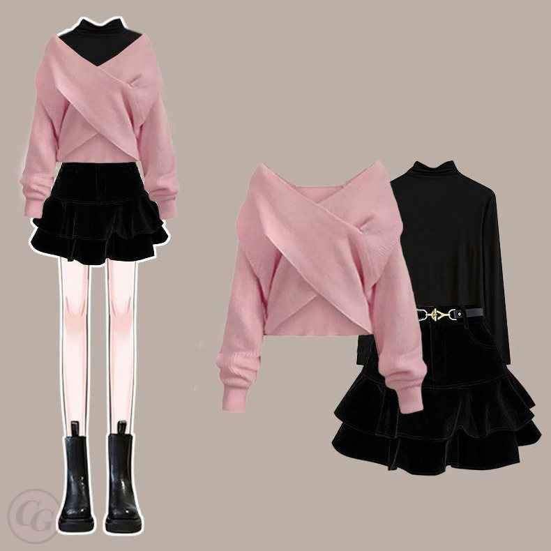 粉色毛衣+黑色內搭T+黑色半身裙/三件套