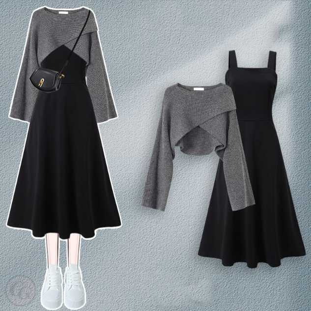 灰色毛衣+黑色吊帶裙