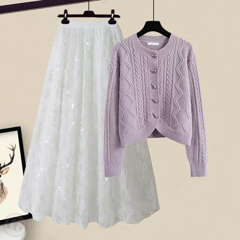 紫色開衫+白色半身裙/套裝