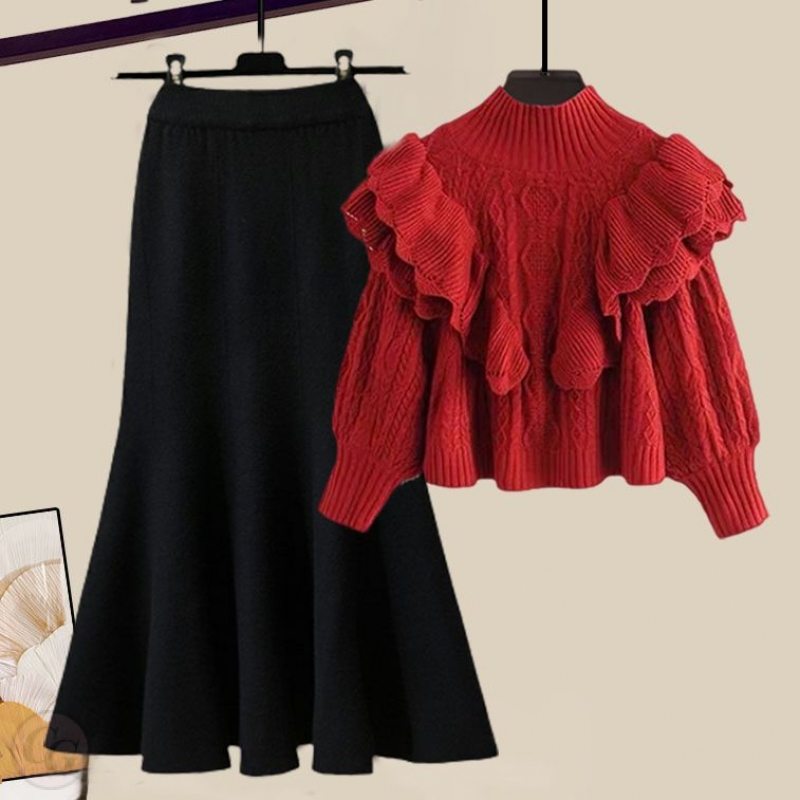 紅色/毛衣+黑色/半身裙