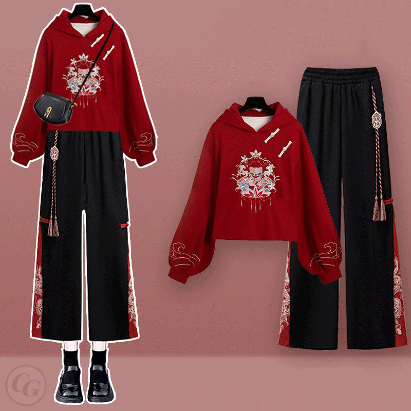 紅色/運動衣+黑色/寬褲
