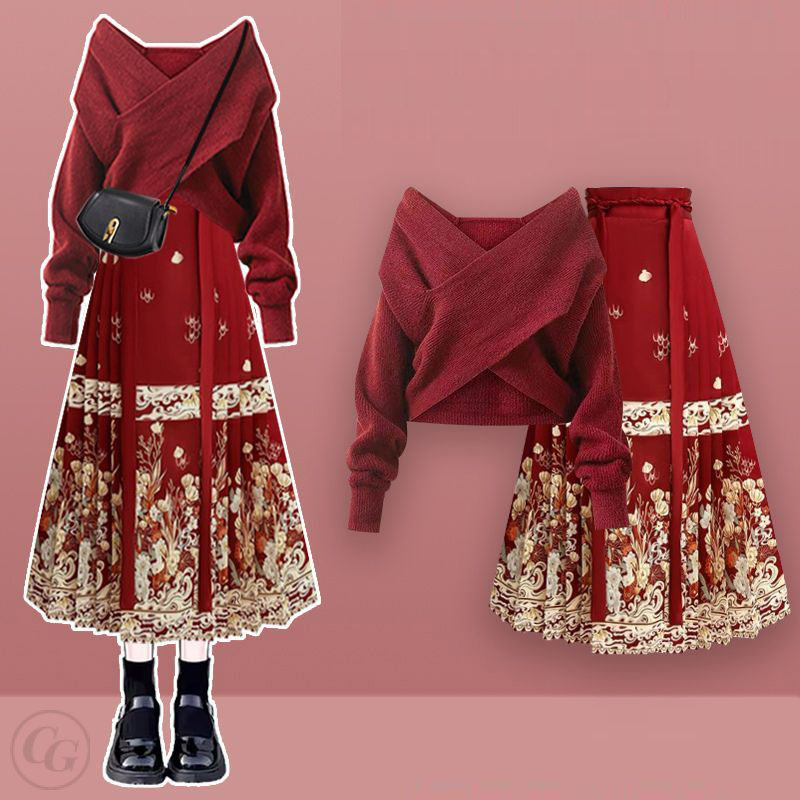 紅色毛衣+紅色馬面裙/套裝
