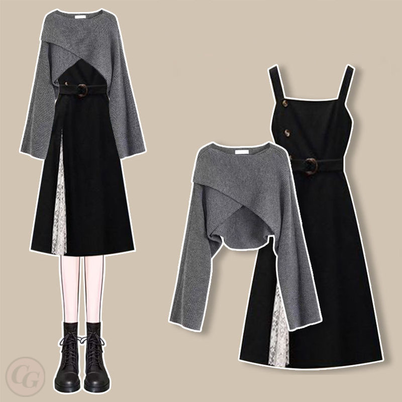 灰色毛衣+黑色吊帶洋裝/套裝