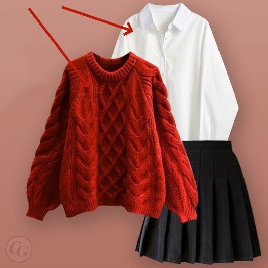 紅色/毛衣+白色/襯衫