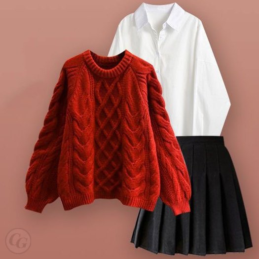 紅色/毛衣+白色/襯衫+黑色/百褶裙
