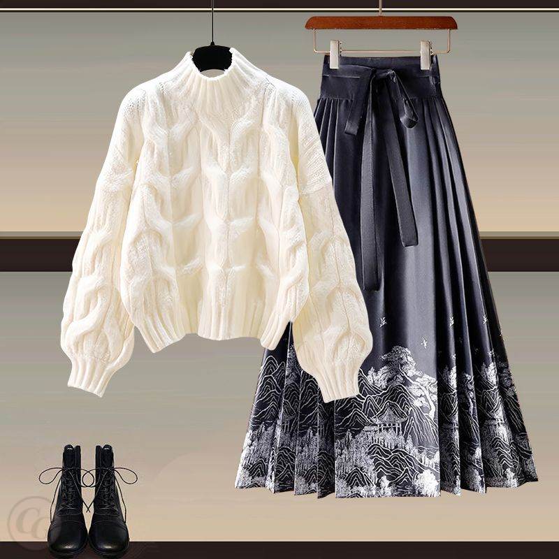 米白色/半高領毛衣+黑色01/半身裙類