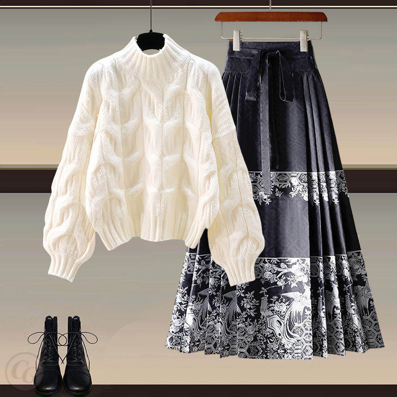 米白色/半高領毛衣+黑色02/半身裙類