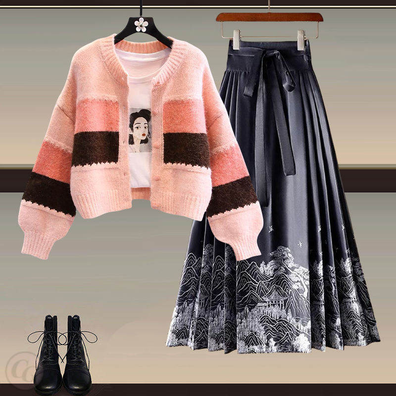 粉色/毛衣+黑色01/半身裙類
