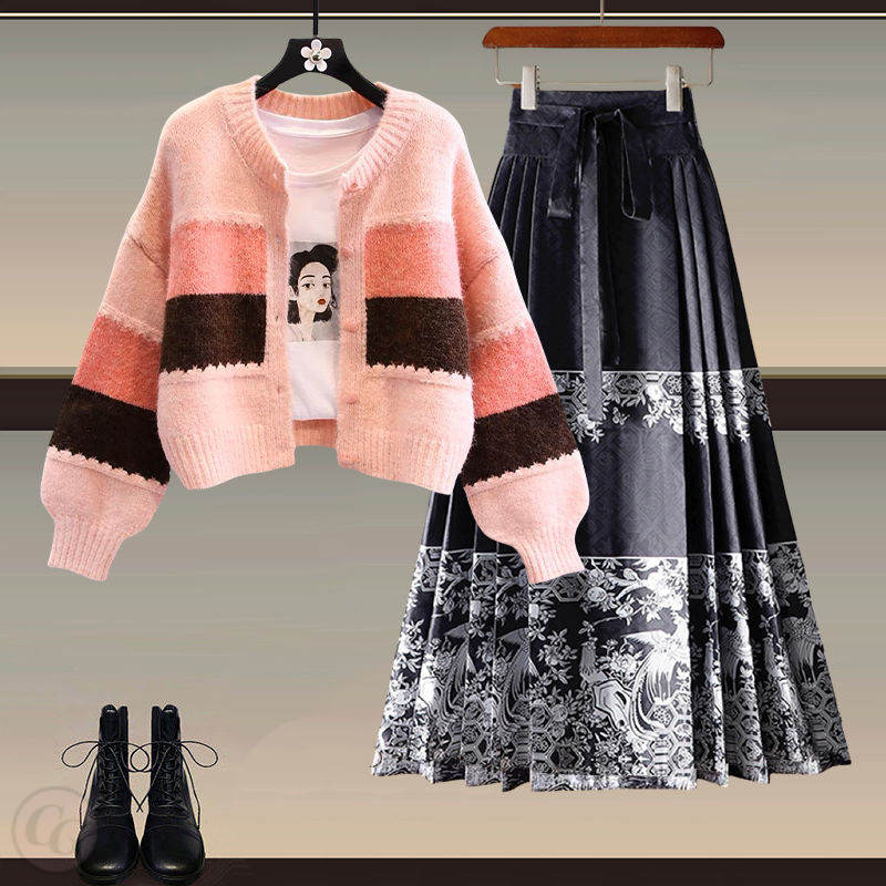 粉色/毛衣+黑色02/半身裙類