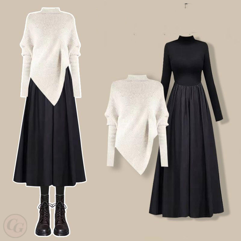 白色針織+黑色長洋裝/套裝