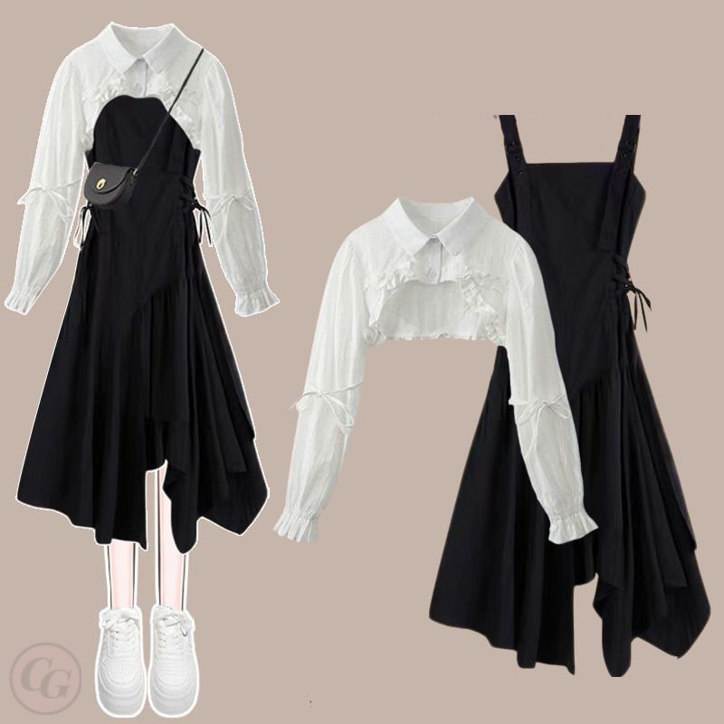 白色上衣+黑色洋裝/套裝