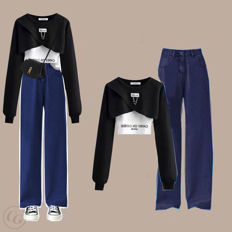 吊帶+黑色/運動衣+藍色01/褲子/三件套