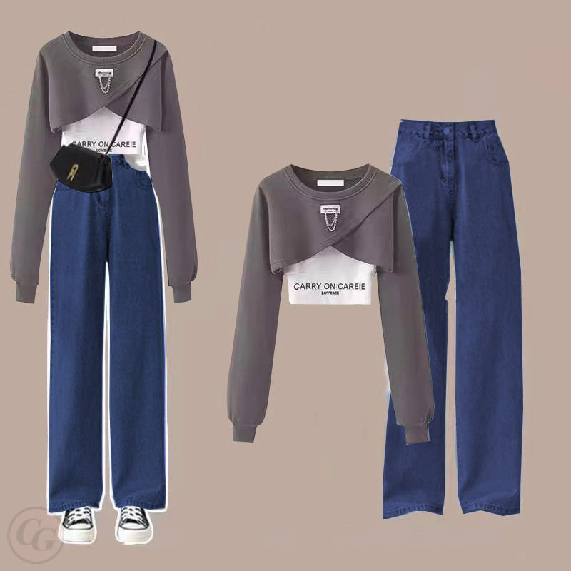 吊帶+灰色/運動衣+藍色01/褲子/三件套