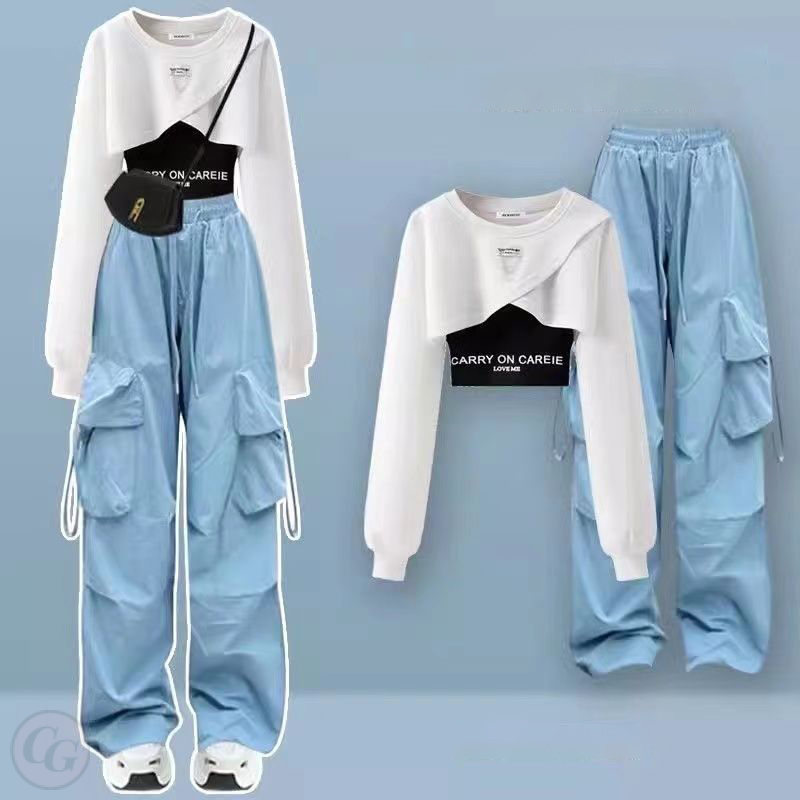 吊帶+白色/運動衣+藍色02/褲子/三件套