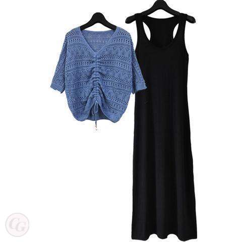 藍色上衣+黑色洋裝/套裝