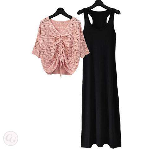 粉色上衣+黑色洋裝/套裝