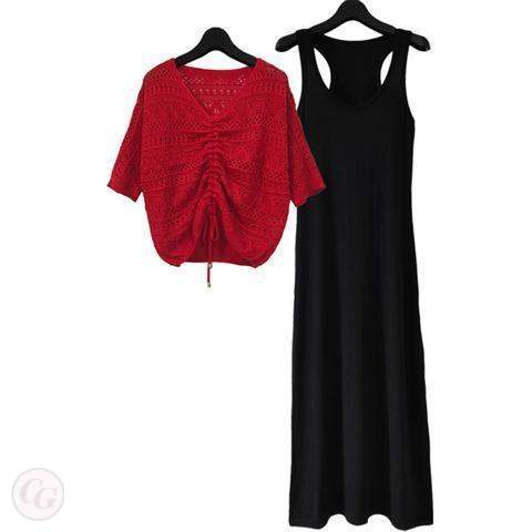 紅色上衣+黑色洋裝/套裝