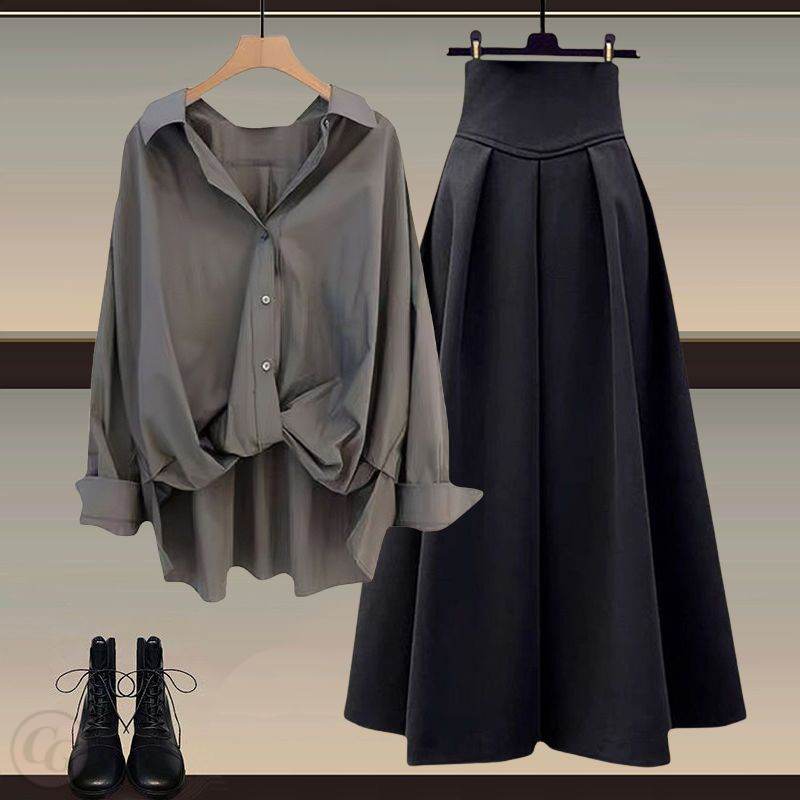 灰色襯衫+黑色裙類