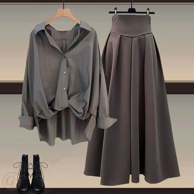 灰色襯衫+咖啡裙類