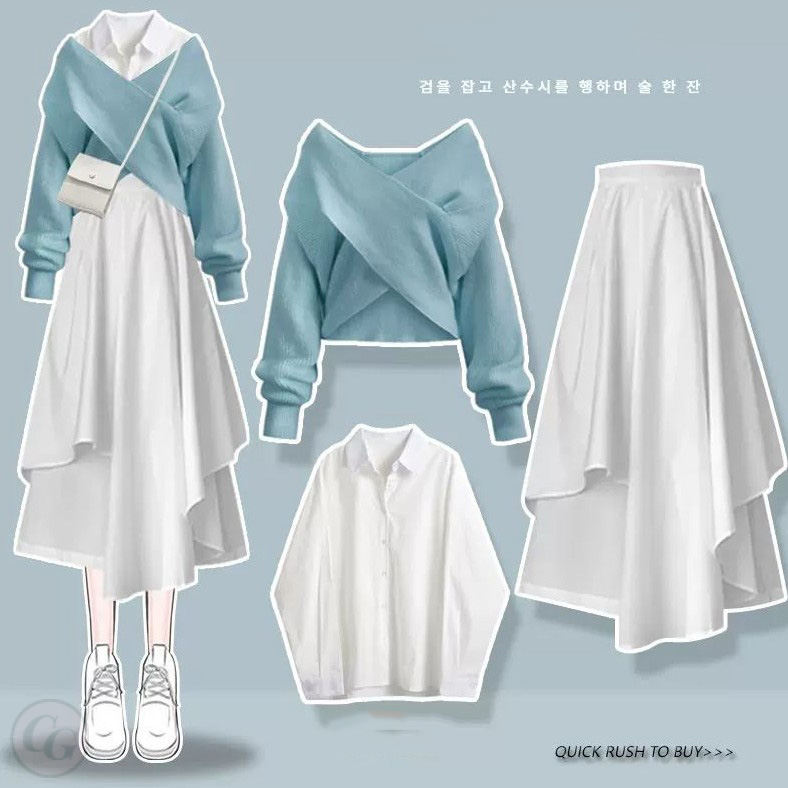 白色襯衫＋藍色毛衣＋白色裙子