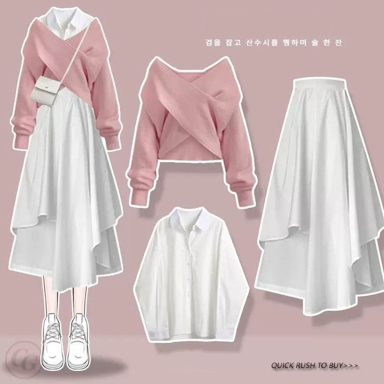 白色襯衫＋粉色毛衣＋白色裙子