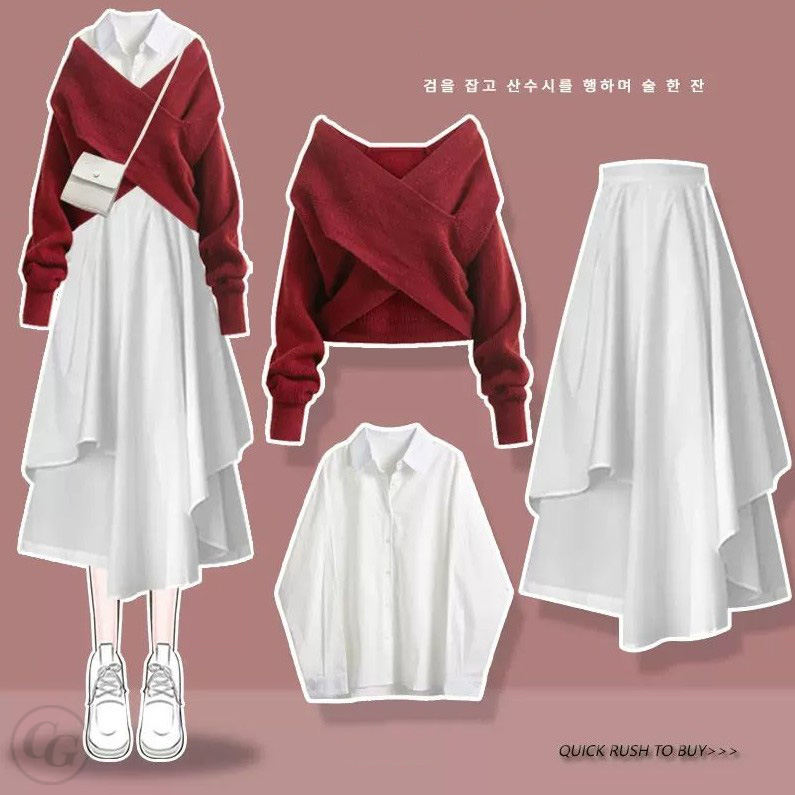 白色襯衫＋紅色毛衣＋白色裙子