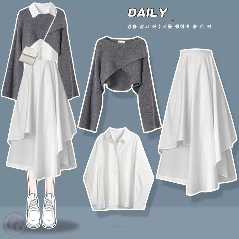 白色襯衫＋灰色毛衣＋白色裙子